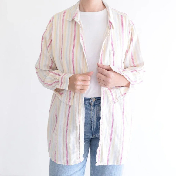 Gap Cream w Pink Stripe 55%  Linen Button Up Lightweight Dress Shirt Size XL - Picture 2 of 11